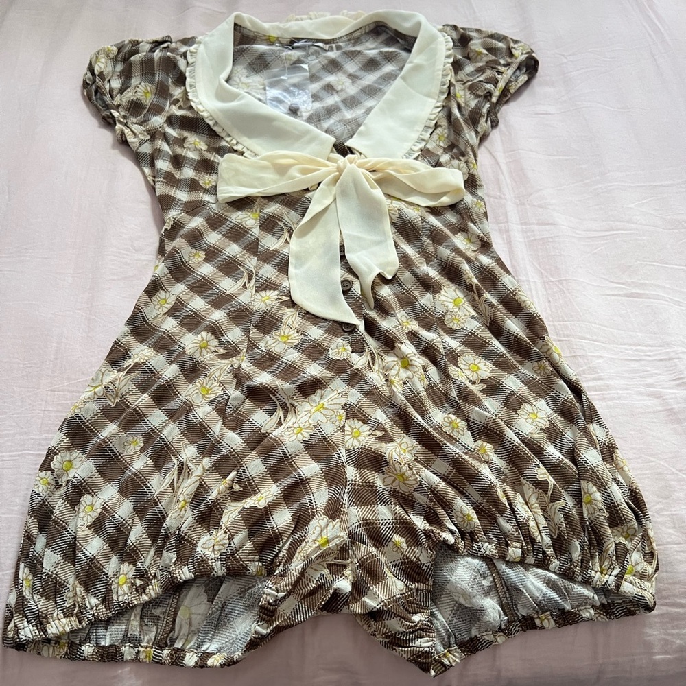 Kimchi Blue Brown and Cream Floral Checkered Romper - Picture 3 of 5